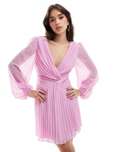 ASOS DESIGN textured angel sleeve deep plunge wrap pleated mini dress in lilac