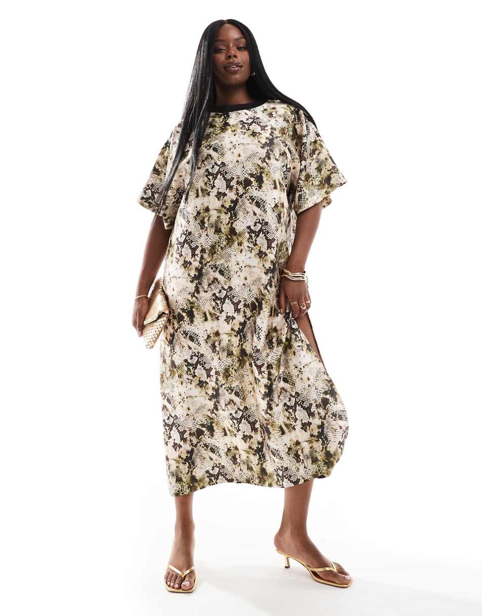 ASOS DESIGN Curve satin oversized midi tshirt dress in snake print