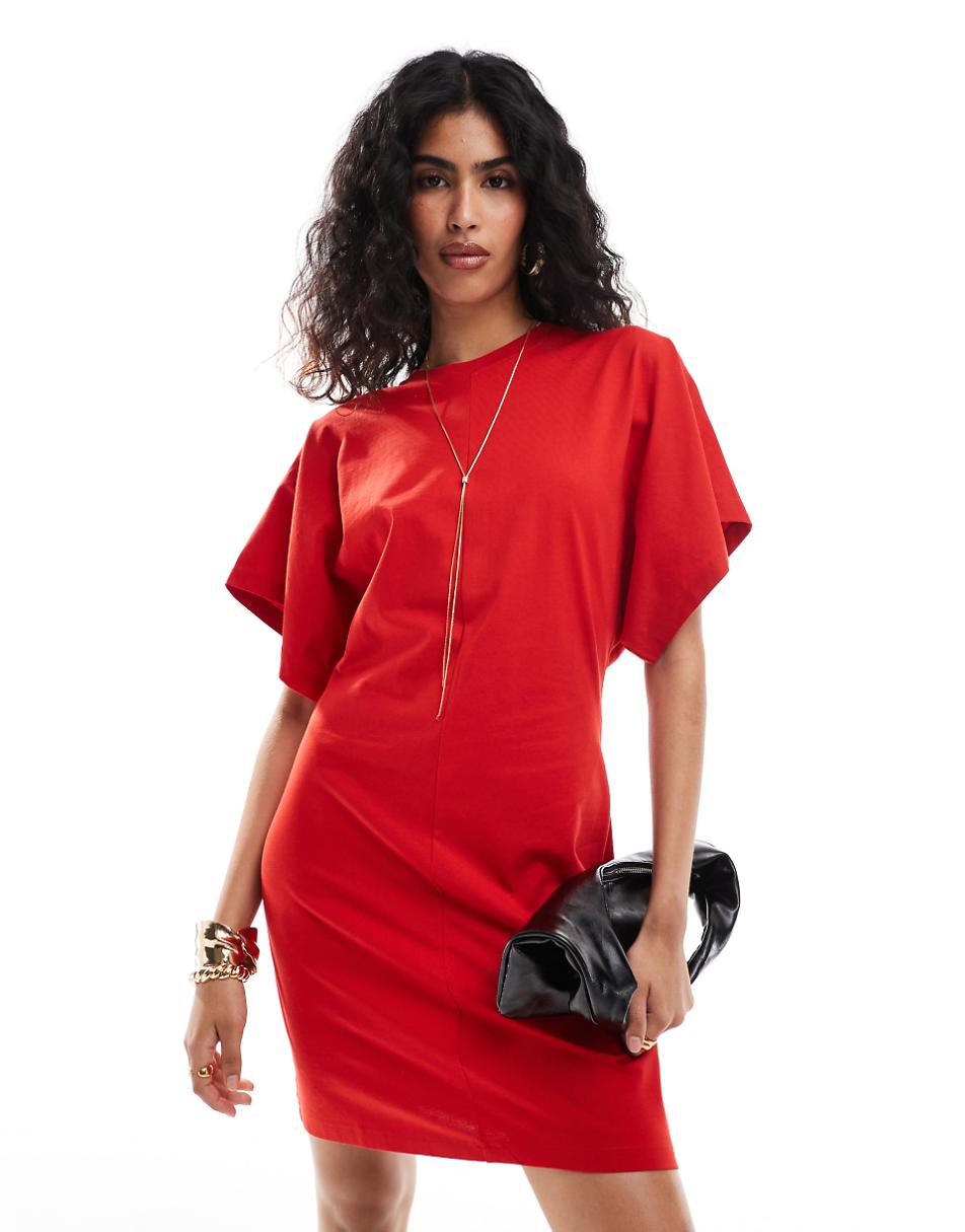 & Other Stories mini jersey t-shirt dress with short kimono sleeves in red