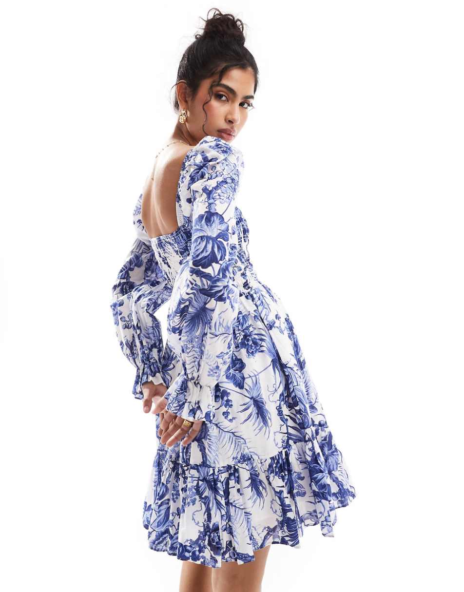 & Other Stories square neck ruched bodice mini dress with volume sleeve and tiered hem in blue floral print