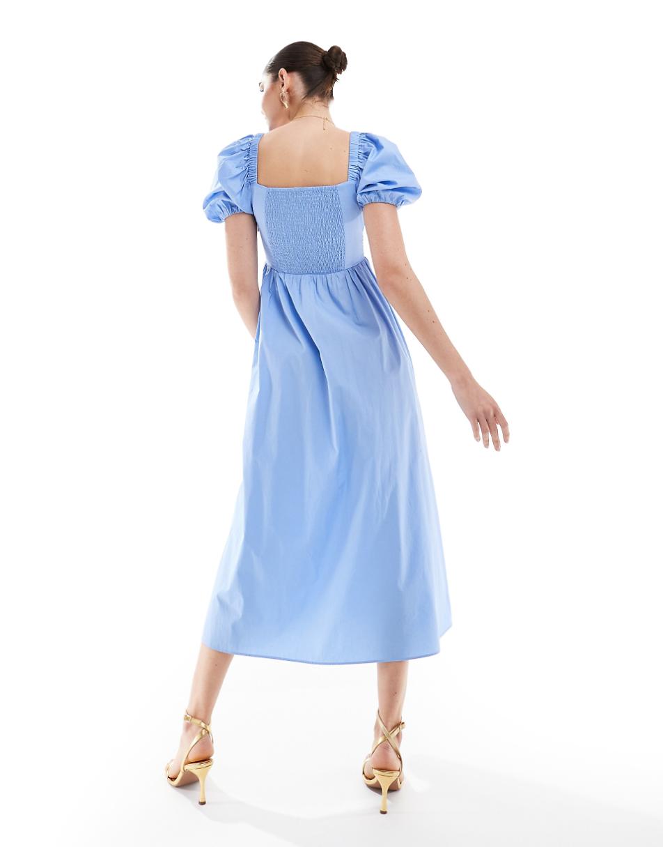 & Other Stories midi dress with puff sleeves and shirred back detail in blue