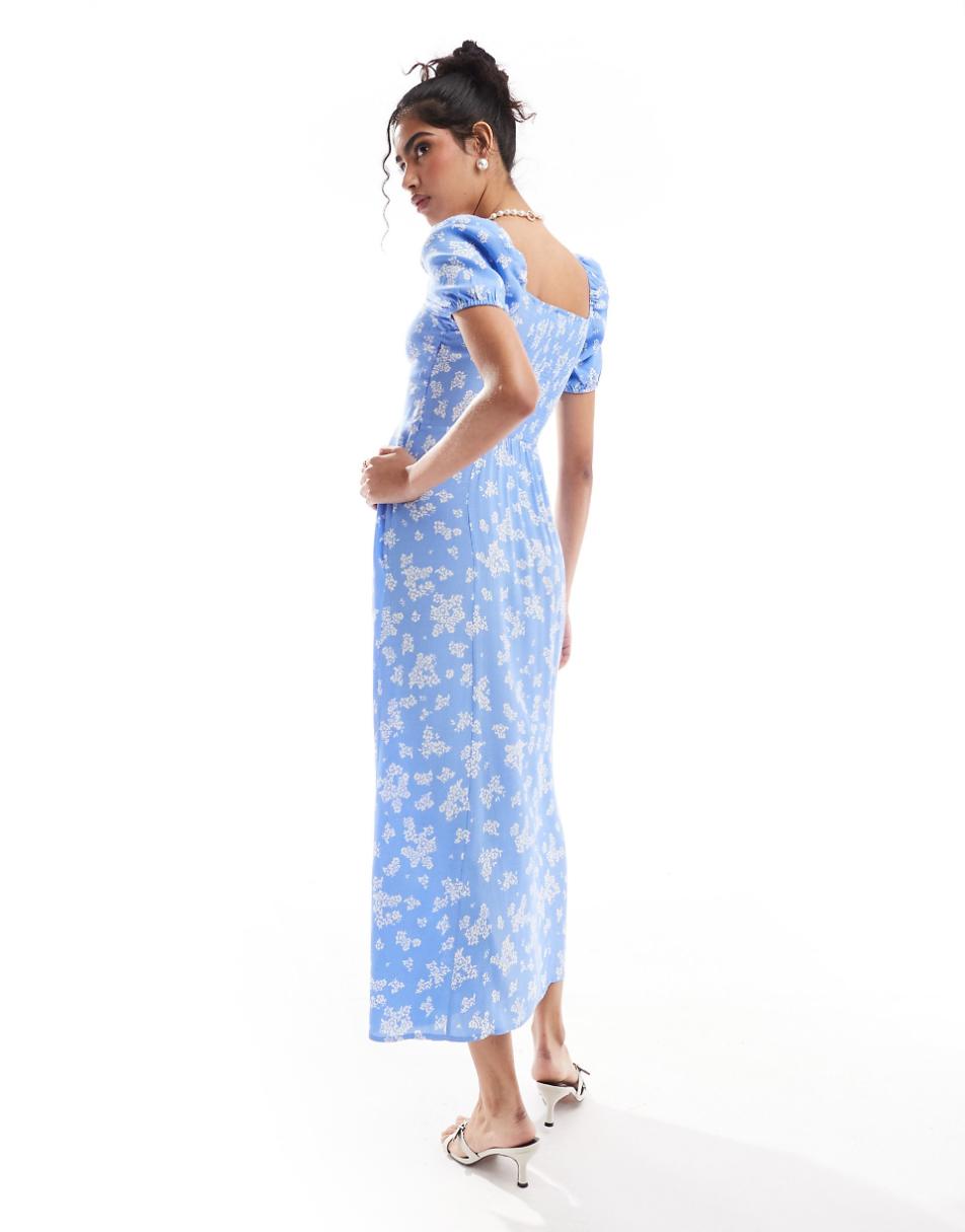 & Other Stories puff sleeve midi dress in blue floral print