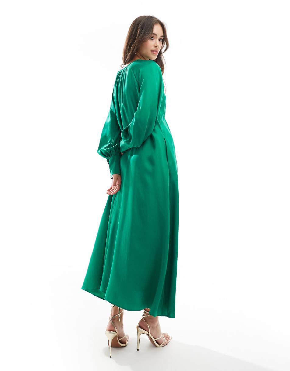 & Other Stories maxi dress with tie front v-neckline and long sleeves in green