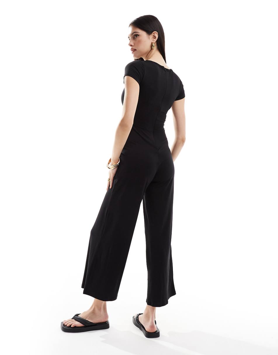 ASOS DESIGN cap sleeve slash neck jumpsuit in black