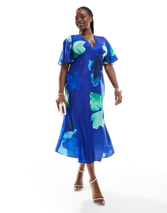 ASOS DESIGN Curve satin flutter sleeve midi dress in blue floral print