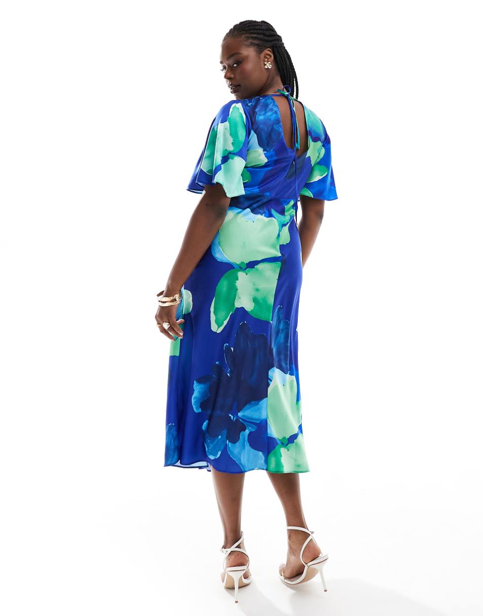 ASOS DESIGN Curve satin flutter sleeve midi dress in blue floral print