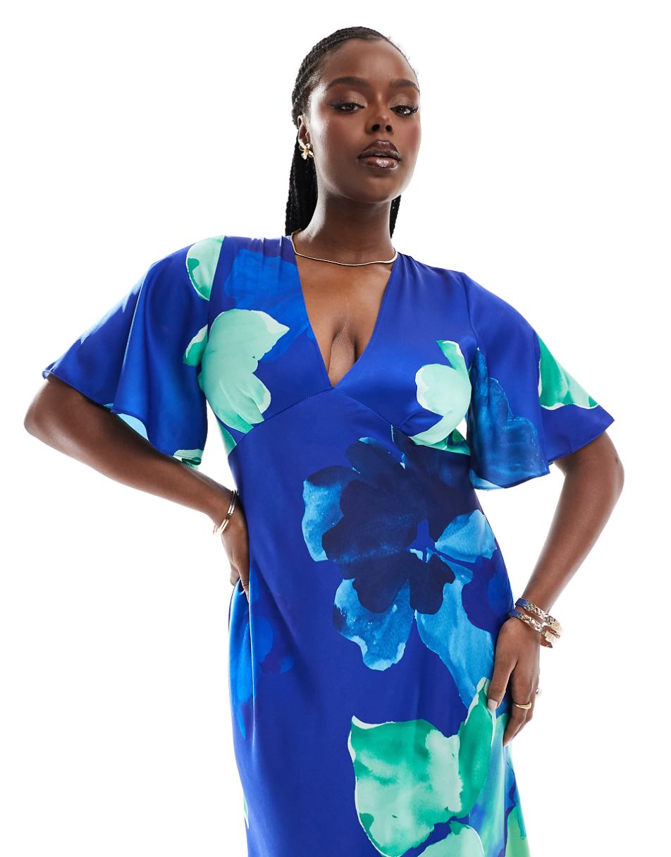 ASOS DESIGN Curve satin flutter sleeve midi dress in blue floral print