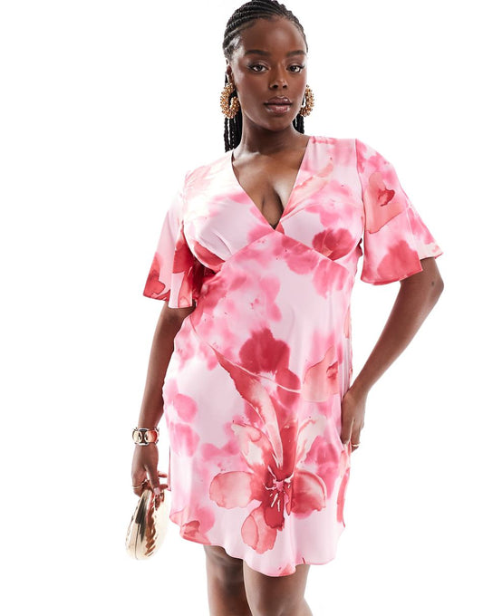 ASOS DESIGN Curve satin flutter sleeve mini dress in pink floral print