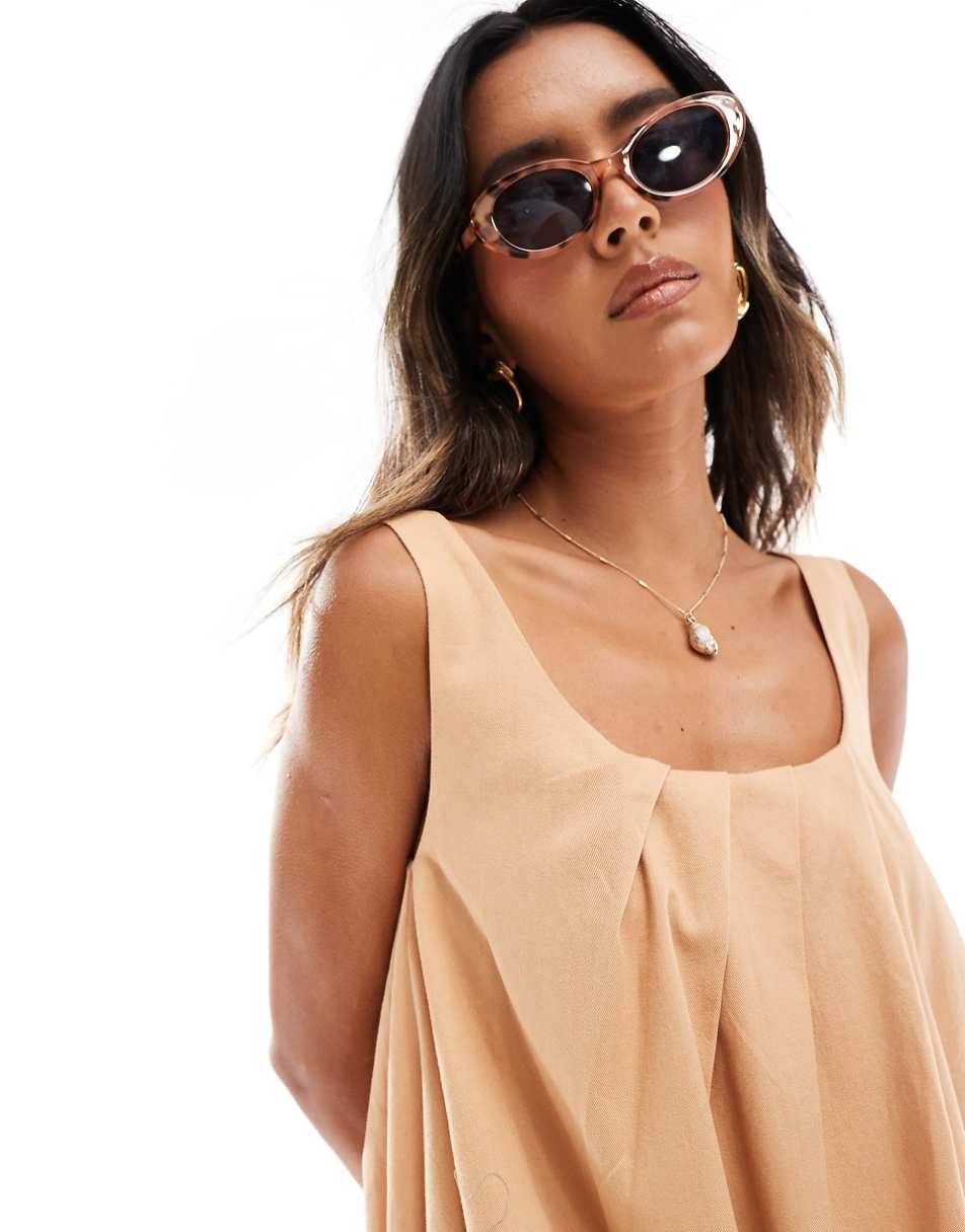 ASOS DESIGN draped asymmetric twill mini dress with bubble hem in tan