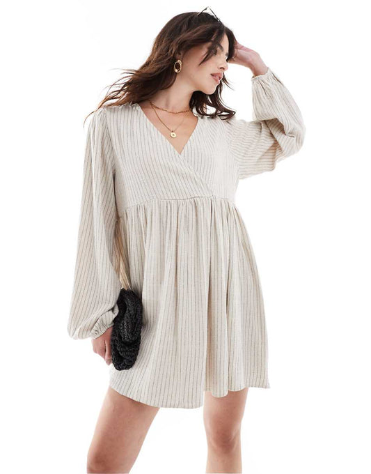 ASOS DESIGN linen effect v-neck mini smock dress in sand & black pinstripe