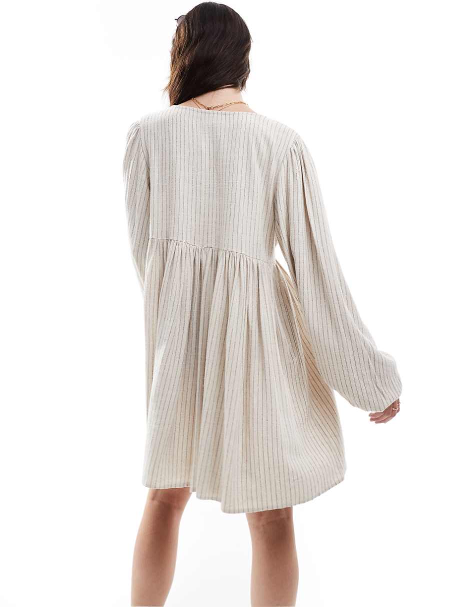 ASOS DESIGN linen effect v-neck mini smock dress in sand & black pinstripe