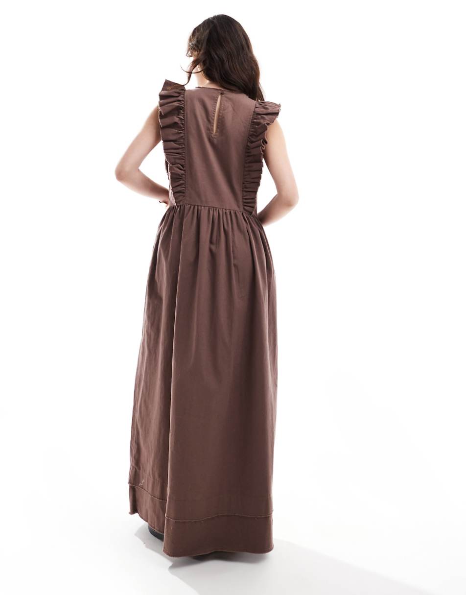 ASOS DESIGN high neck twill midi dress with frill shoulder detail in chocolate