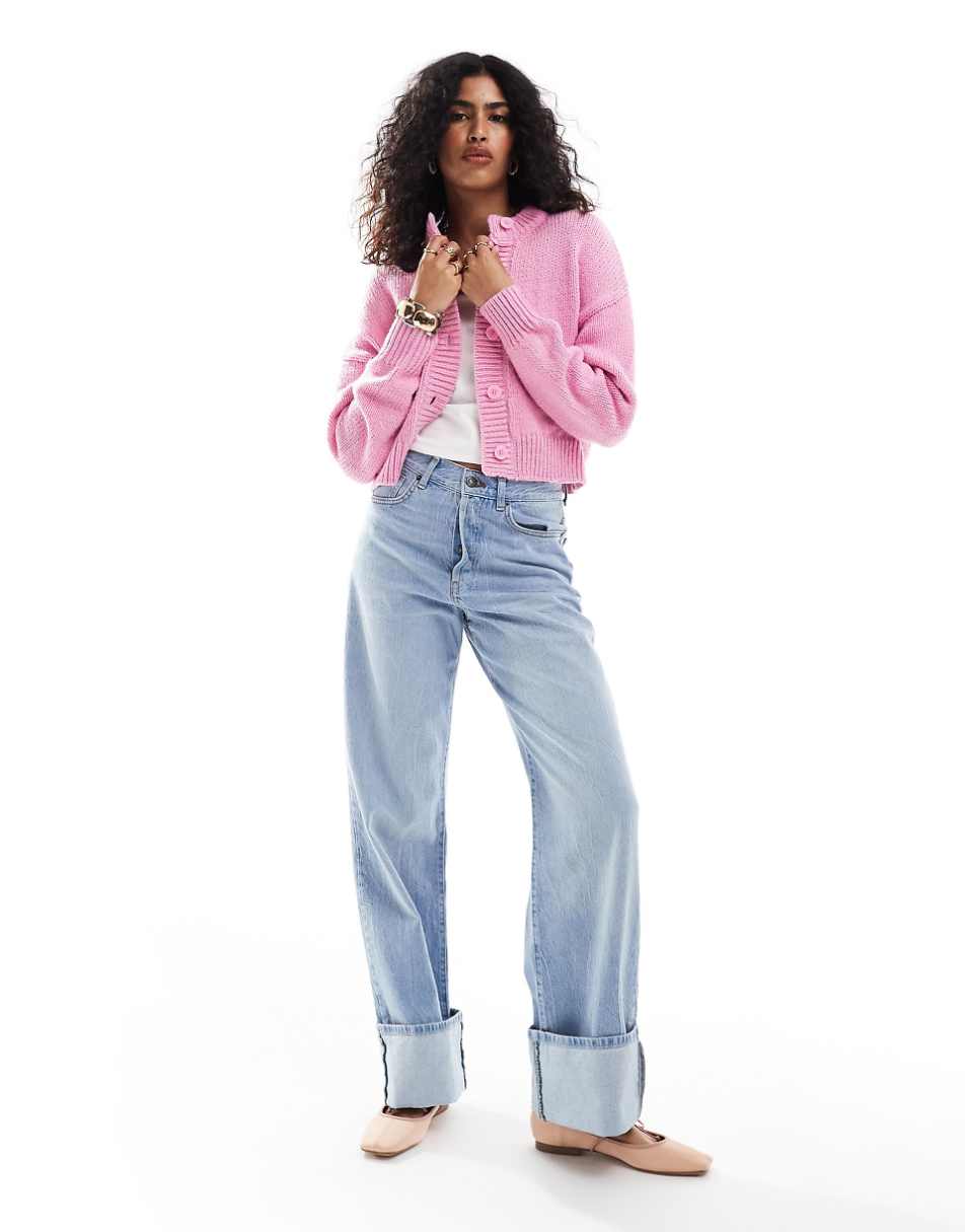 ASOS DESIGN crop crew neck cardigan in pink