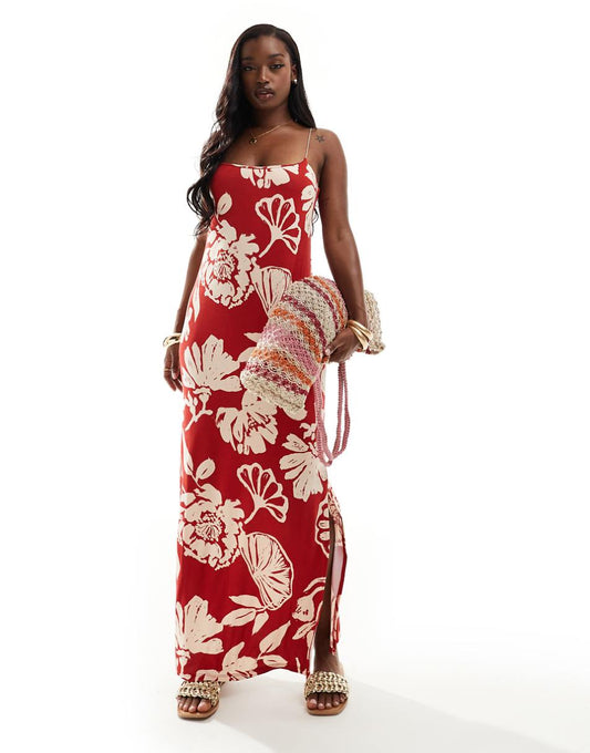 ASOS DESIGN cami strappy maxi dress with side split in red floral print