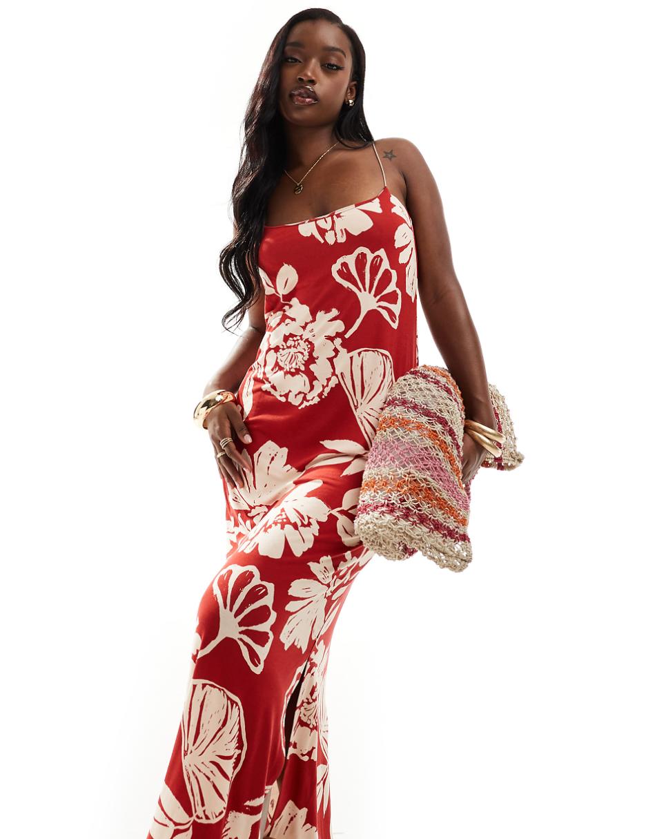 ASOS DESIGN cami strappy maxi dress with side split in red floral print