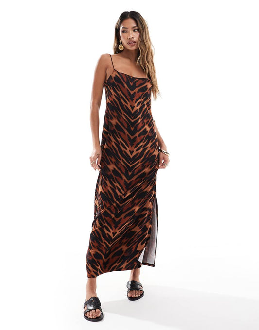 ASOS DESIGN cami strappy maxi dress with side slit in leopard print