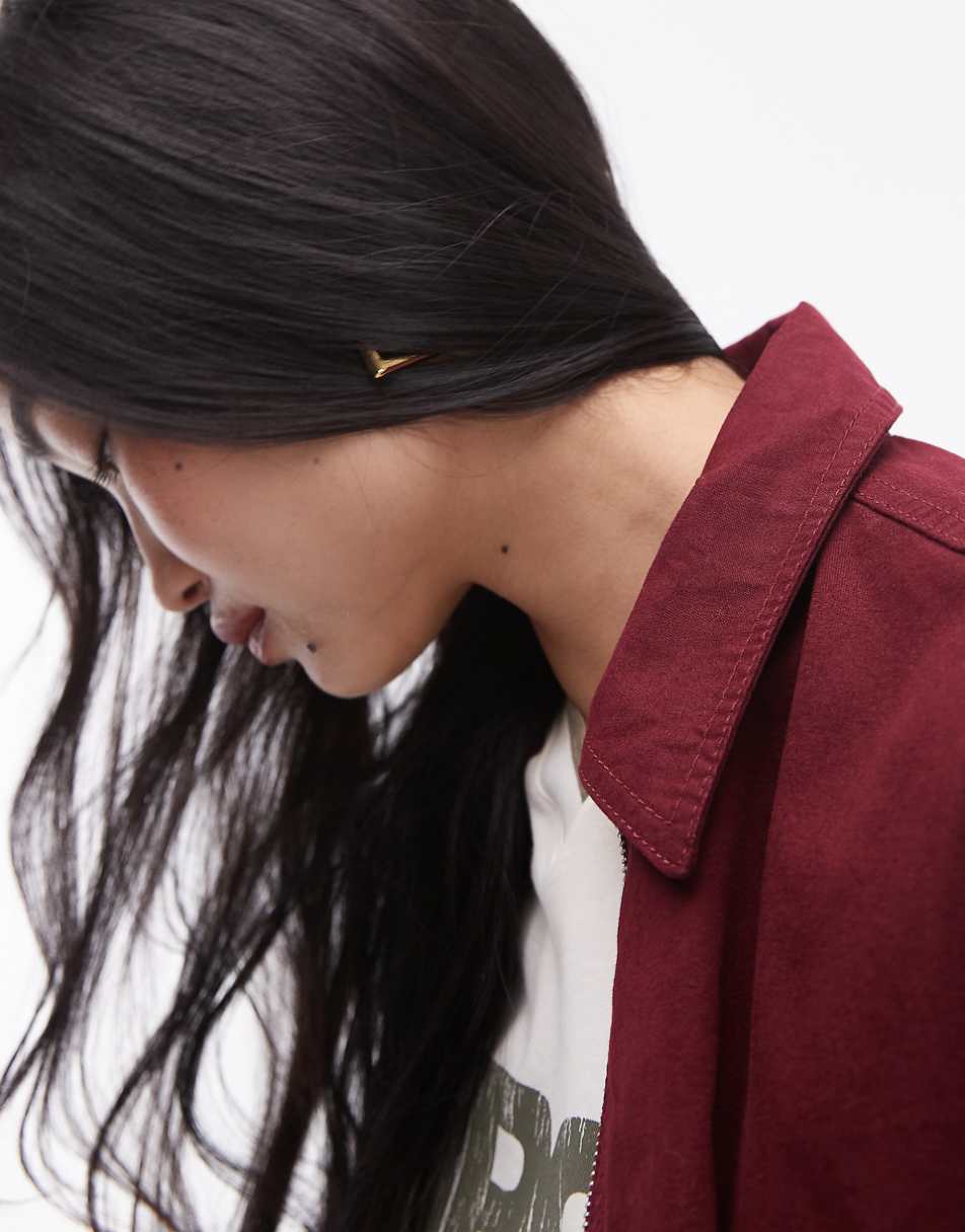 Topshop oversized cotton collar bomber jacket in burgundy