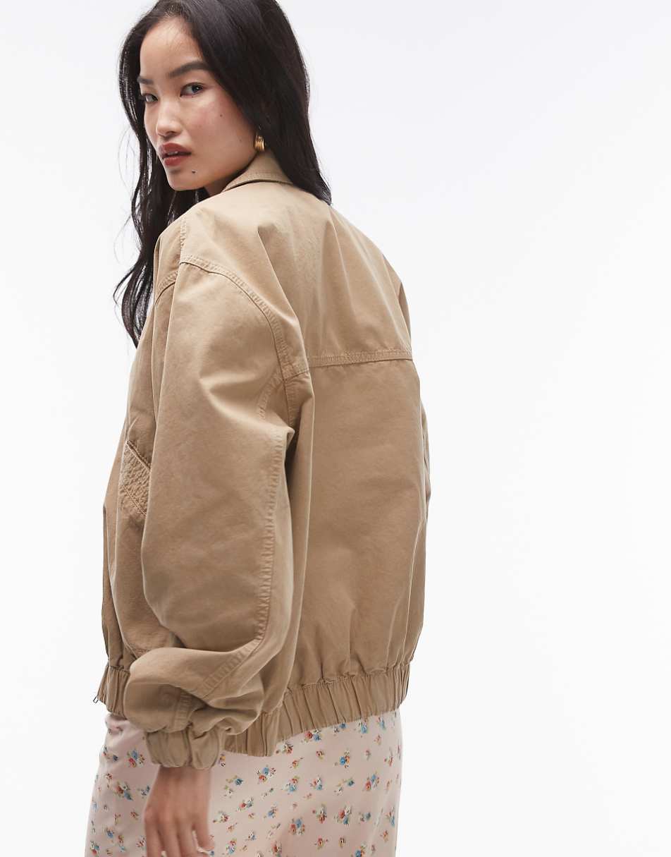 Topshop oversized cotton collar bomber jacket in stone