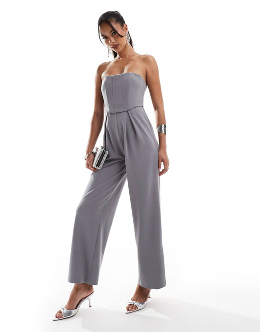 ASOS DESIGN bandeau corset wide leg jumpsuit in smoke gray