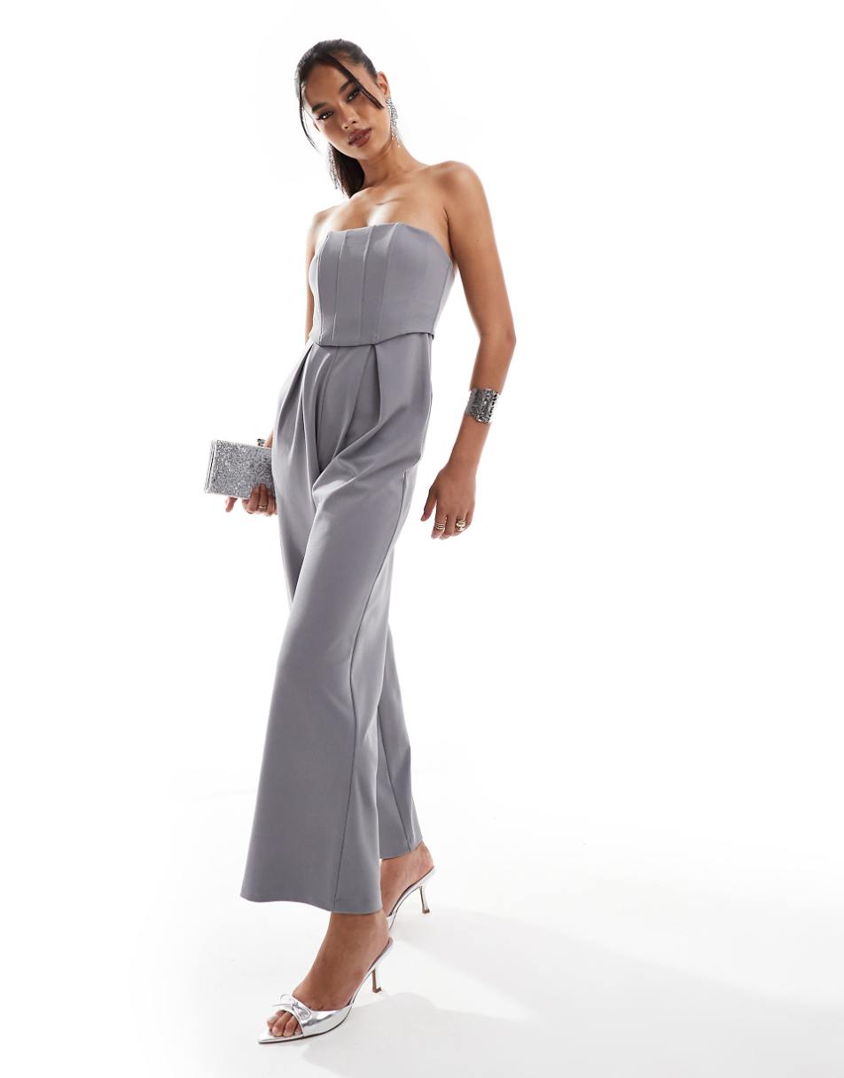 ASOS DESIGN bandeau corset wide leg jumpsuit in smoke gray