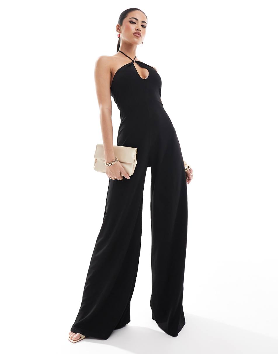 ASOS DESIGN cut-out halter wide leg jumpsuit in black