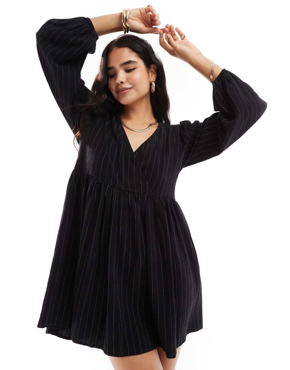 ASOS DESIGN linen effect v-neck mini smock dress in black & white pinstripe