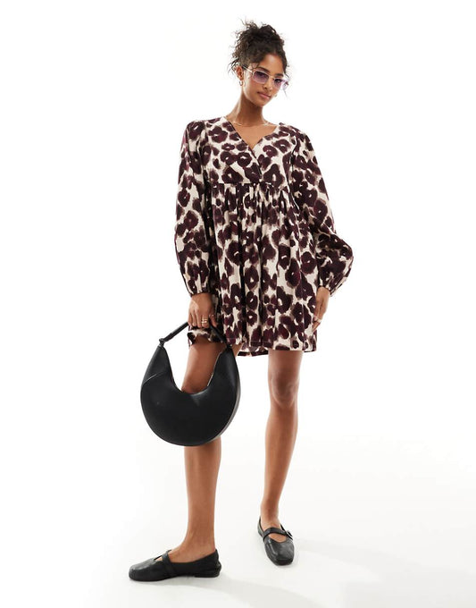 ASOS DESIGN cotton v-neck mini smock dress in leopard print