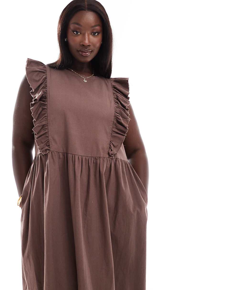 ASOS DESIGN Curve high neck twill midi dress with frill shoulder detail in chocolate