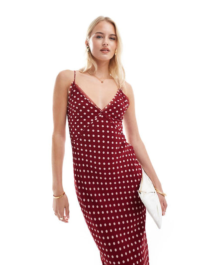 ASOS DESIGN Tall V neck strappy cross back maxi dress with raw edge details in burgundy spot