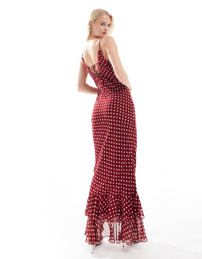 ASOS DESIGN Tall V neck strappy cross back maxi dress with raw edge details in burgundy spot