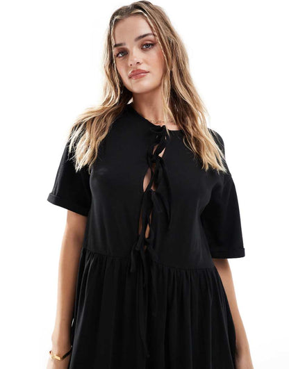ASOS DESIGN puff sleeve maxi dress with tie up bodice in black