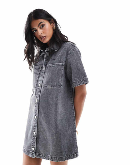 ASOS DESIGN short sleeve denim shirt dress in gray