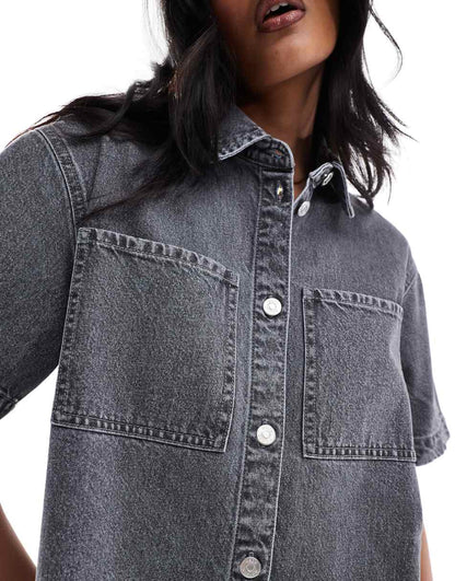 ASOS DESIGN short sleeve denim shirt dress in gray