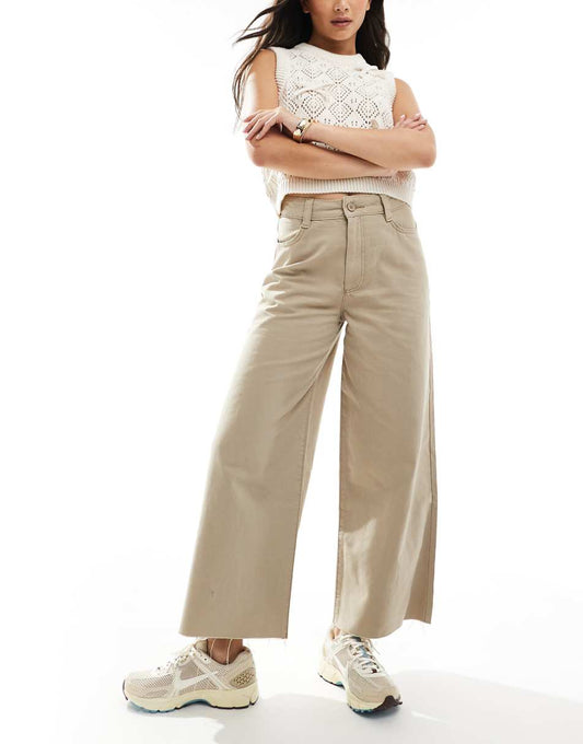 ASOS DESIGN cropped wide leg pants with raw hem in stone