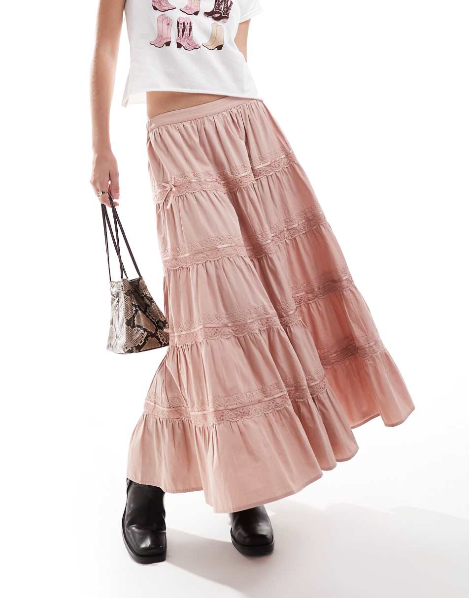 Miss Selfridge tiered ribbon trim insert prairie maxi skirt in pink