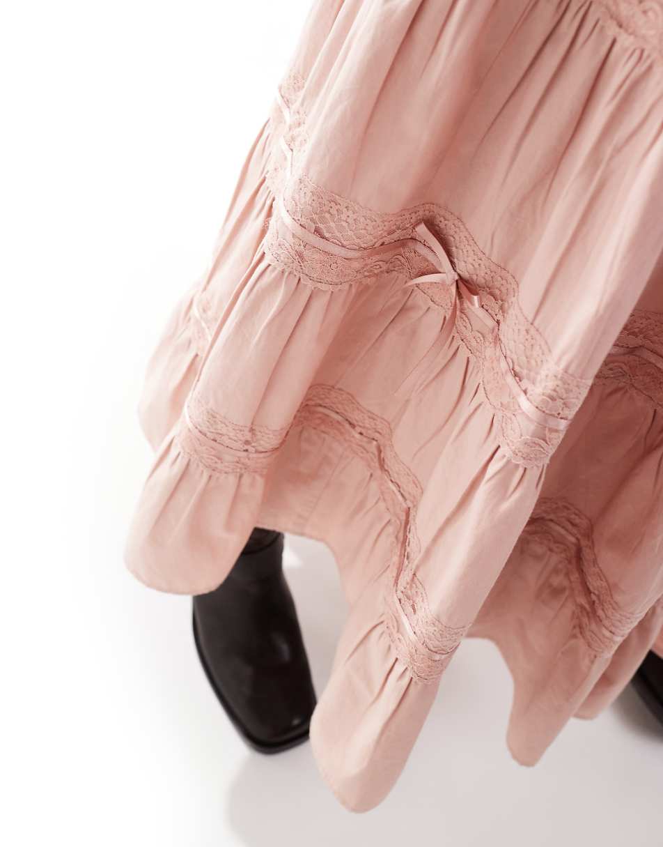Miss Selfridge tiered ribbon trim insert prairie maxi skirt in pink