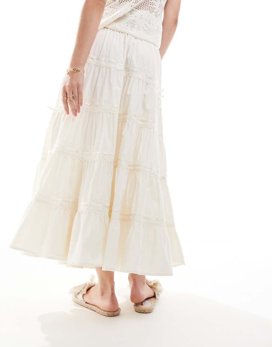Miss Selfridge tiered ribbon trim insert prairie maxi skirt in cream