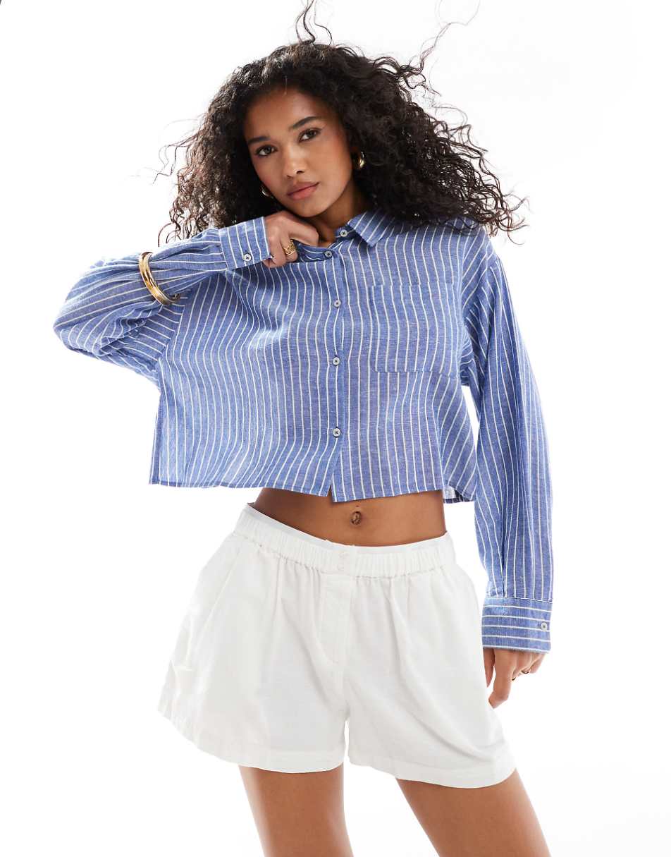 ASOS DESIGN natural wrap back cropped shirt in stripe