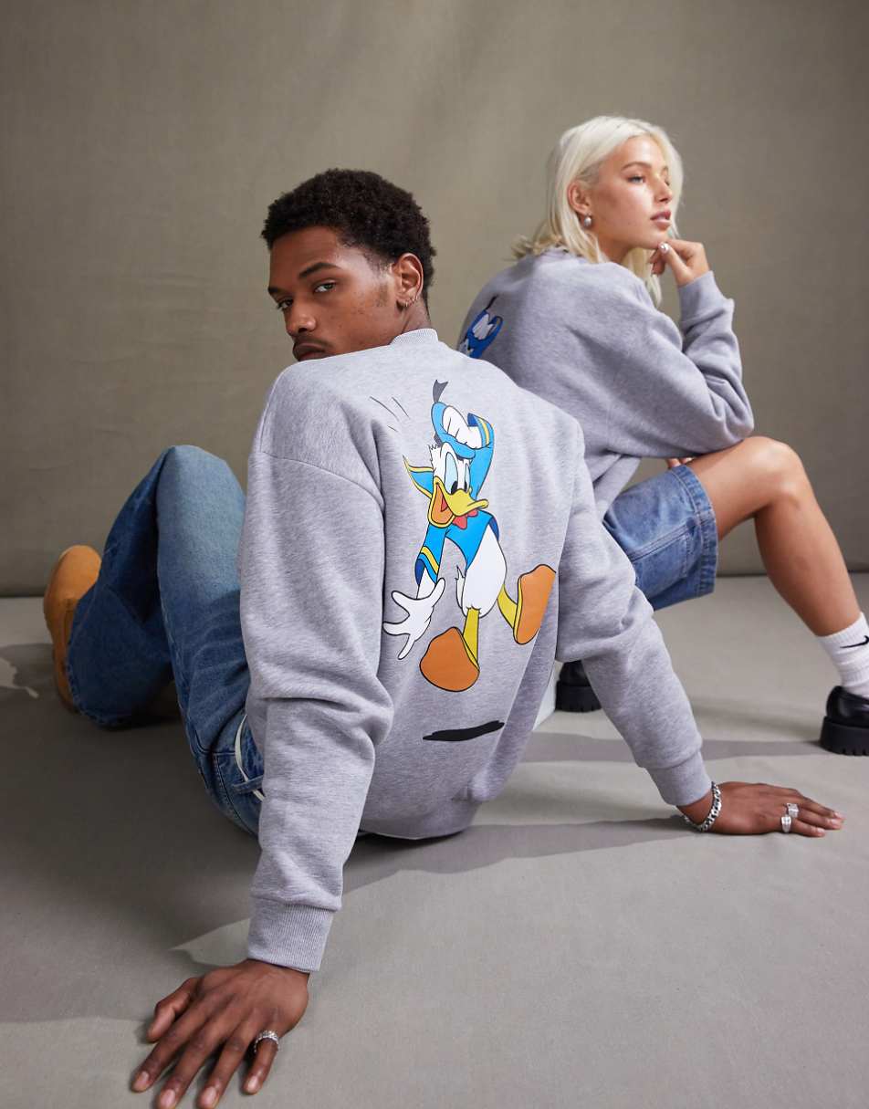 ASOS DESIGN Disney unisex oversized sweatshirt with Donald Duck prints in heather gray