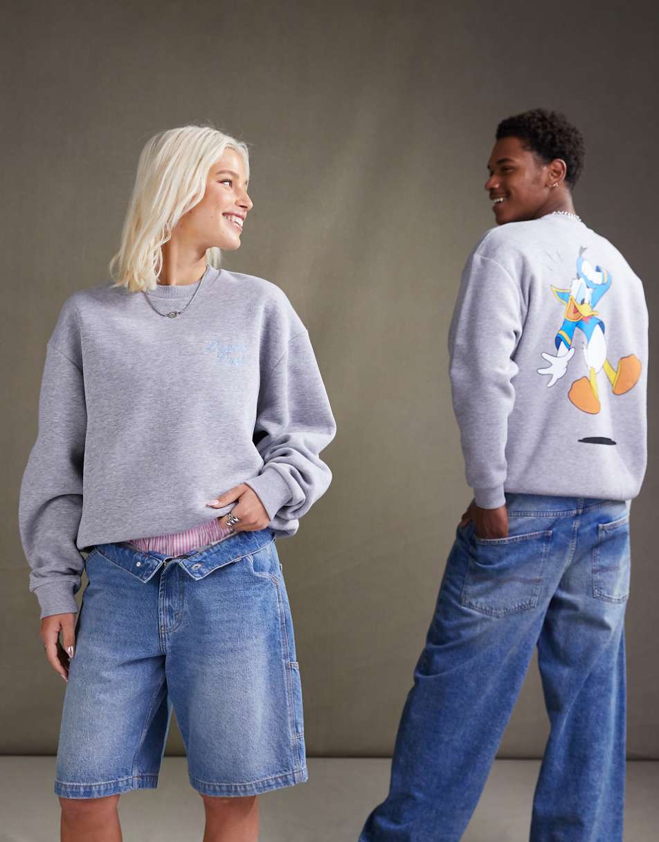 ASOS DESIGN Disney unisex oversized sweatshirt with Donald Duck prints in heather gray