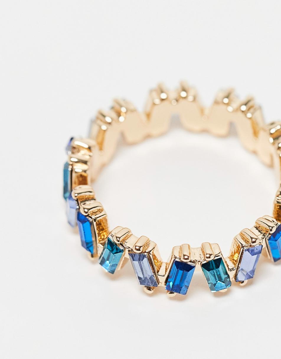 ASOS DESIGN baguette ring with tonal blue stones in gold tone