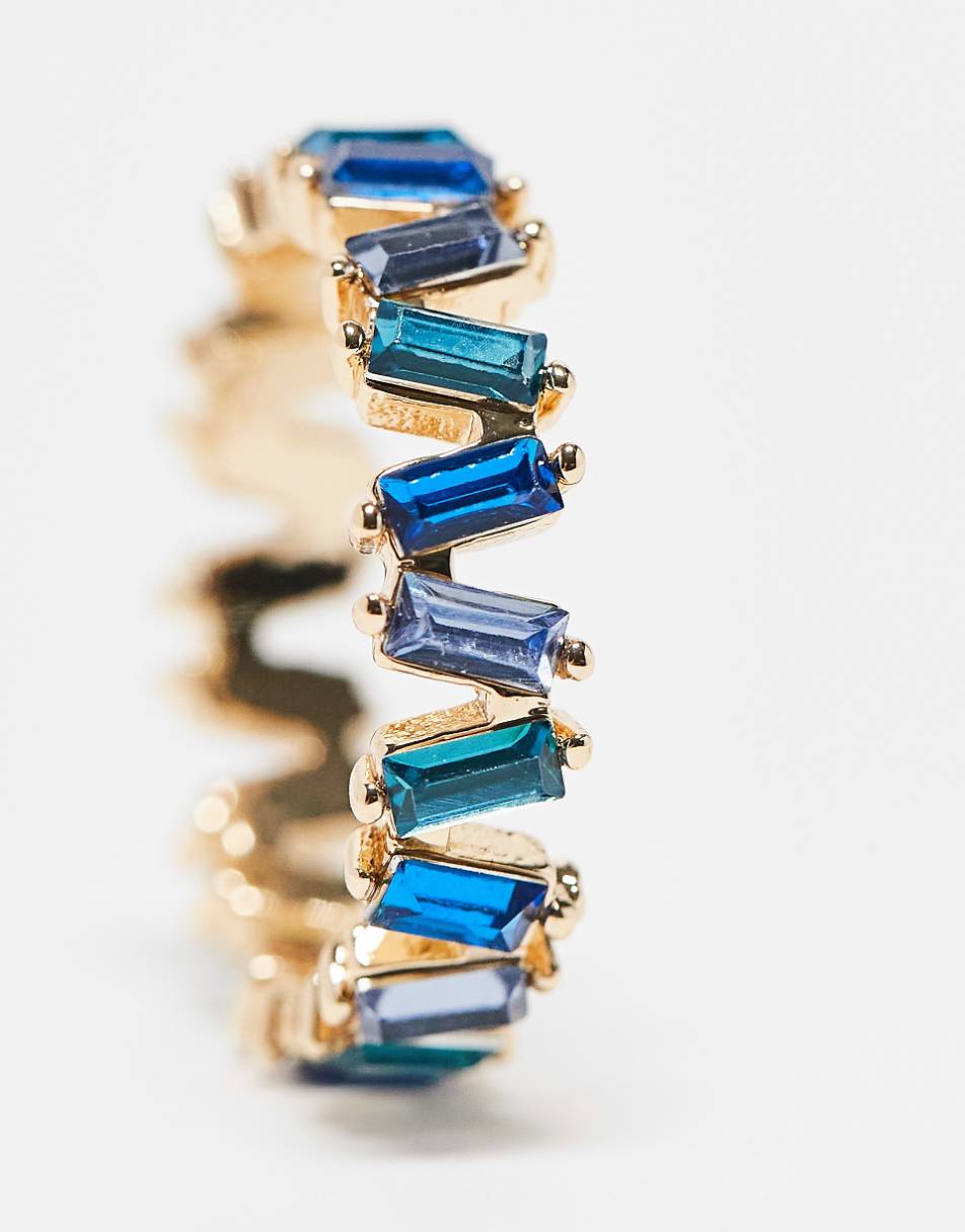 ASOS DESIGN baguette ring with tonal blue stones in gold tone