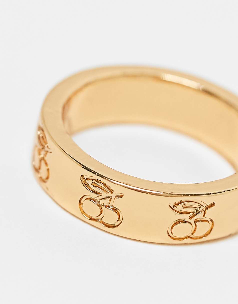 ASOS DESIGN 14k gold plated ring with engraved cherry design