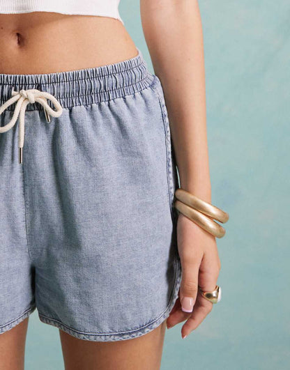 Miss Selfridge denim runner shorts in light blue wash