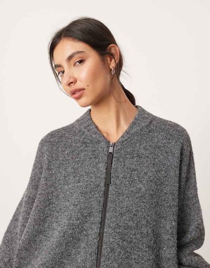 ASOS EDITION compact knit zip through sweater in charcoal gray