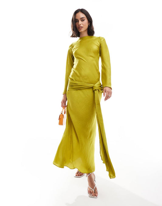 ASOS DESIGN long sleeve dropped belt satin maxi dress in chartreuse