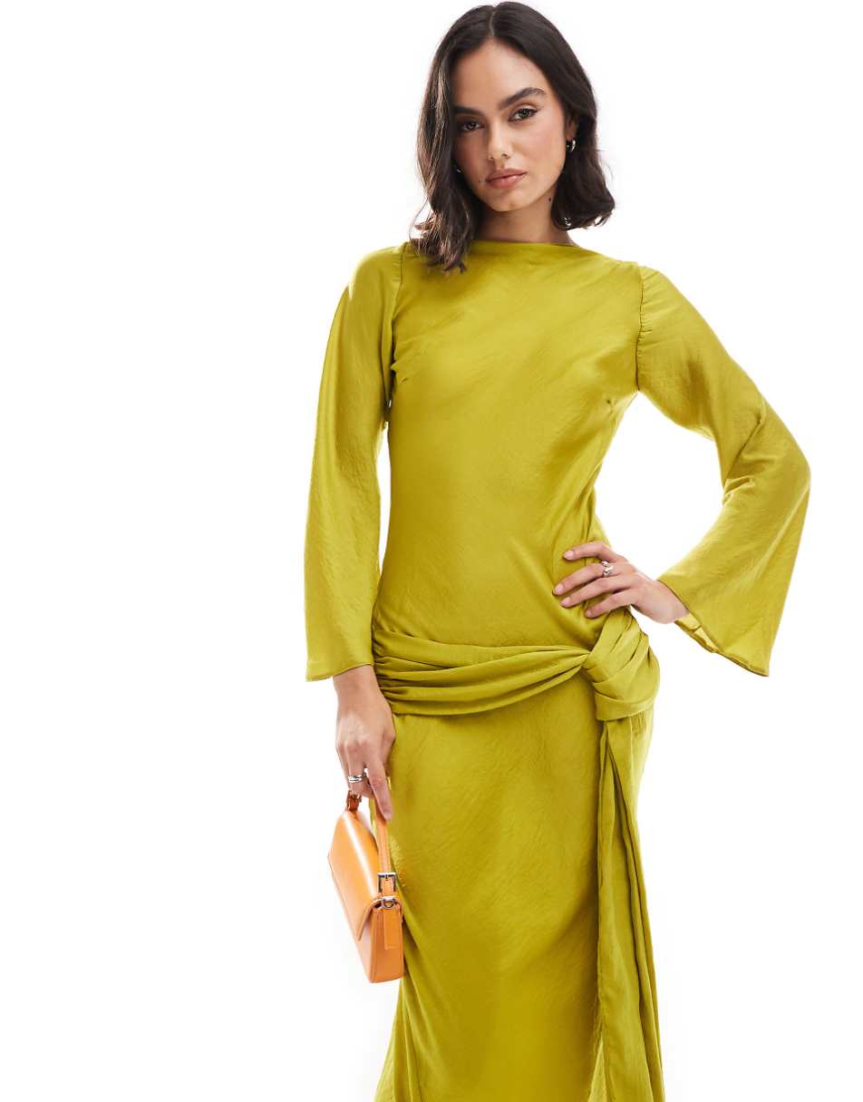 ASOS DESIGN long sleeve dropped belt satin maxi dress in chartreuse