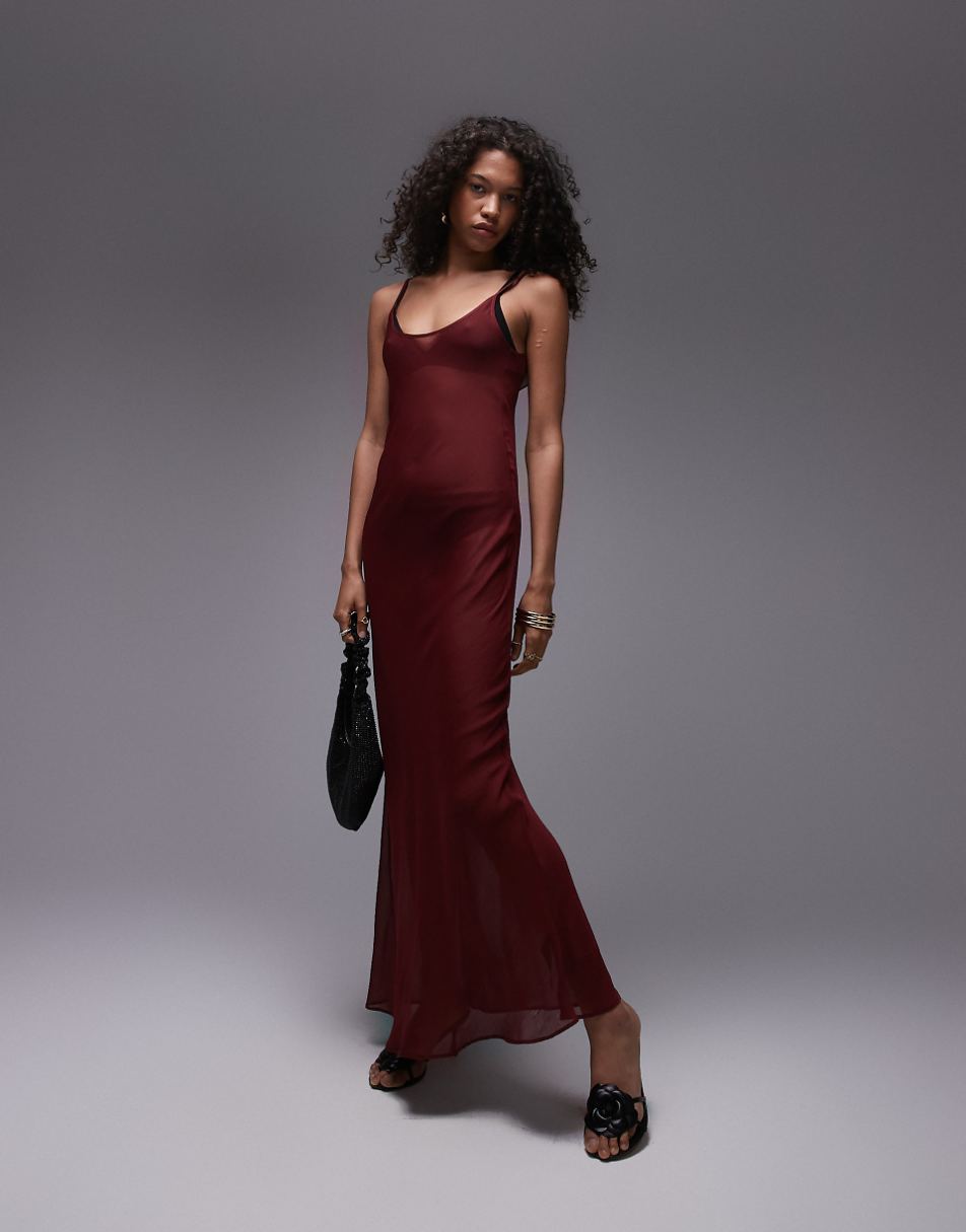 Topshop sheer scoop neck slip cami midi dress in berry red