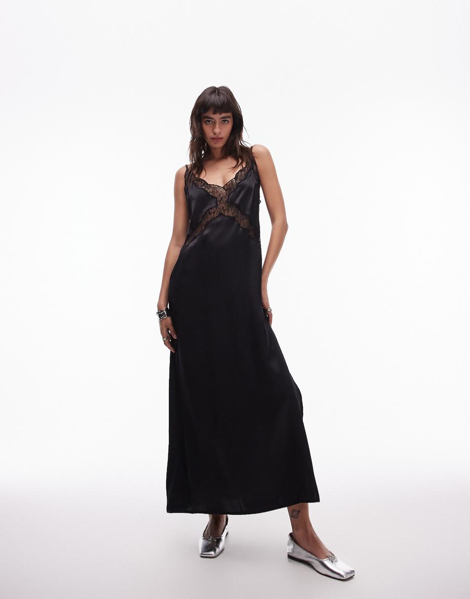 Topshop lace insert midi dress in black