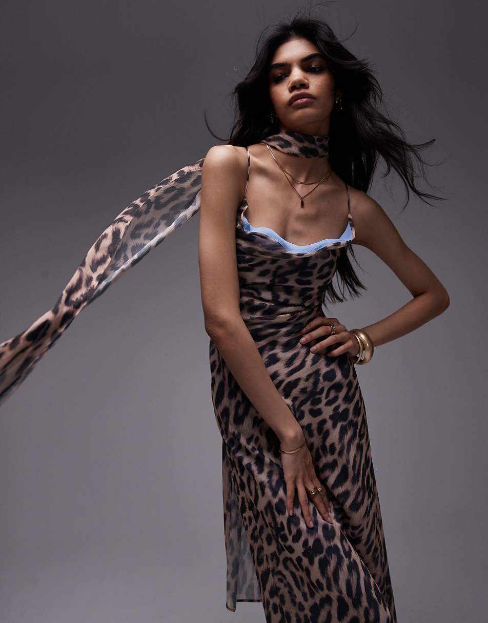 Topshop chiffon cowl slip dress in leopard with blue print chiffon with scarf